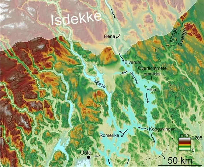 The Nedre Glomsjø lake was dammed behind a remaining arm of the great ice sheet. The water flowed out of the ice a little north of Elverum. The illustration shows which areas of Eastern Norway were submerged, and the arrows show the way the water flowed. What happened to the people who lived here?