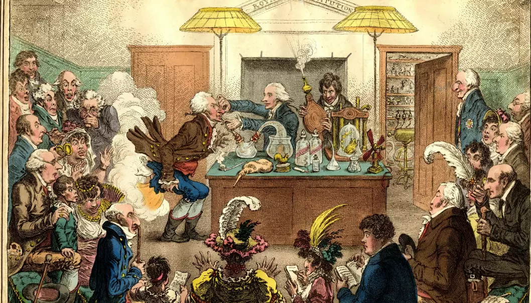 Charles Babbage criticised how science had been reduced to show and amusement, here at the Royal Institution in London. The assistant with the wood belllows is the chemist Humphry Davy, president of the Royal Society from 1820 to 1826.