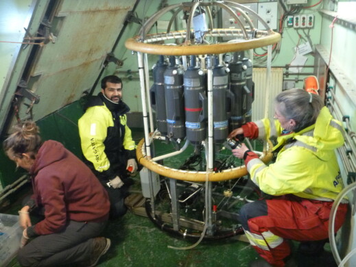 Taking water samples from the sea bottom. Taking water samples from the sea bottom.