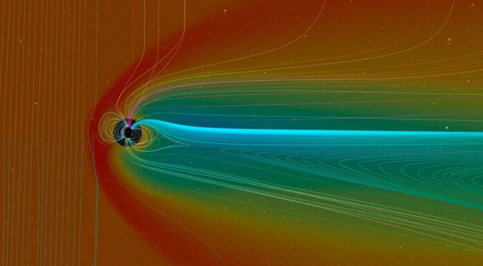 A model that shows the magnetic field around Earth (the circle in the middle), and how it bends from strong solar winds, which are represented by the red colour. The magnetic fields are represented by all the lines. The solar wind comes from the left. A model that shows the magnetic field around Earth (the circle in the middle), and how it bends from strong solar winds, which are represented by the red colour. The magnetic fields are represented by all the lines. The solar wind comes from the left.