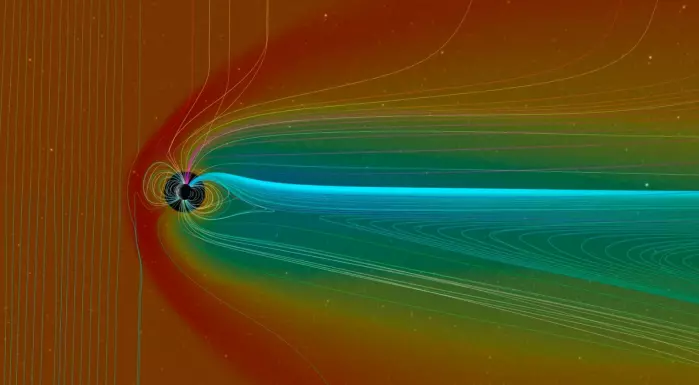 A model that shows the magnetic field around Earth (the circle in the middle), and how it bends from strong solar winds, which are represented by the red colour. The magnetic fields are represented by all the lines. The solar wind comes from the left.
