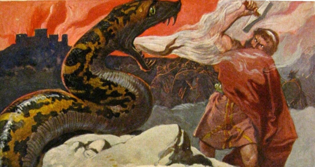 In Viking times, animals and humans were friends, helpers and enemies. One of the god Thor's greatest enemies was the Midgard serpent. When Ragnarok, the end of the world, arrives, they will kill each other, according to Norse mythology. In Viking times, animals and humans were friends, helpers and enemies. One of the god Thor's greatest enemies was the Midgard serpent. When Ragnarok, the end of the world, arrives, they will kill each other, according to Norse mythology.