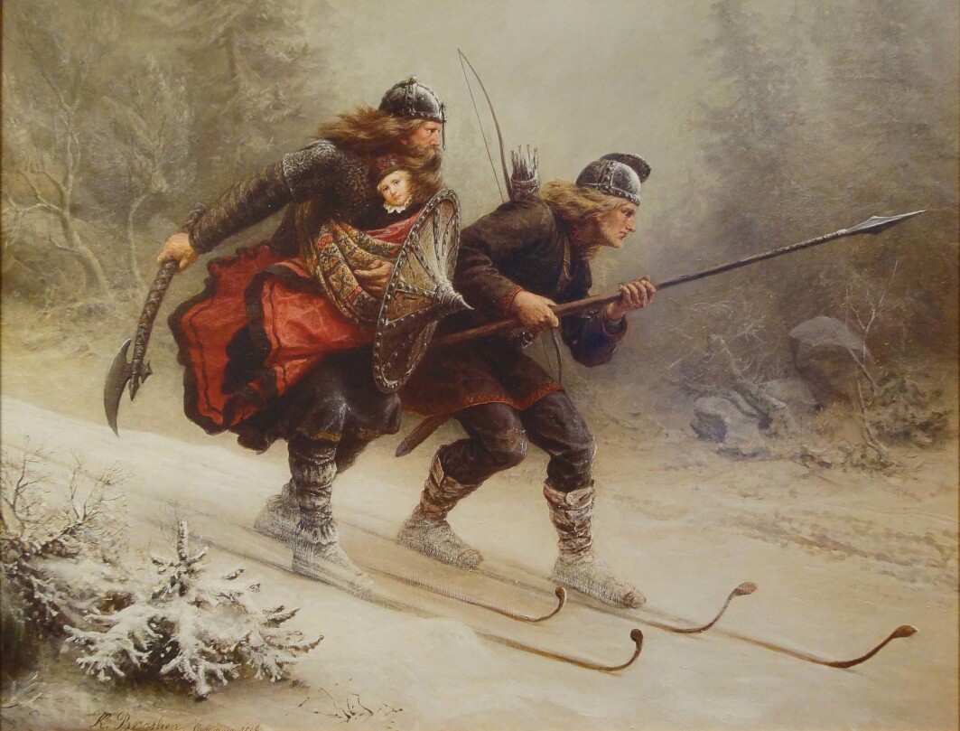 Birkebeiners Torstein Skevla and Skjervald Skrukka – here in Knud Bergslien's painting – are an early example of how the combination of skis and weapons has been important in Norwegian military history. Birkebeiners Torstein Skevla and Skjervald Skrukka – here in Knud Bergslien's painting – are an early example of how the combination of skis and weapons has been important in Norwegian military history.