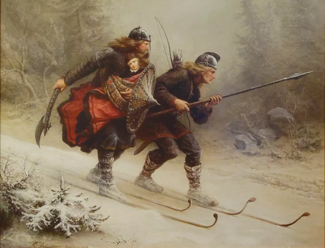 Birkebeiners Torstein Skevla and Skjervald Skrukka – here in Knud Bergslien's painting – are an early example of how the combination of skis and weapons has been important in Norwegian military history.