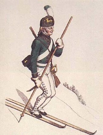 This is what a ski-soldier might have looked like in 1811, as drawn by Johannes Senn. Three years later, the “Eidsvoll men” – the Constituent Assembly – defeated a proposal to introduce skiing and shooting as part of Norwegian men's national upbringing. This is what a ski-soldier might have looked like in 1811, as drawn by Johannes Senn. Three years later, the “Eidsvoll men” – the Constituent Assembly – defeated a proposal to introduce skiing and shooting as part of Norwegian men's national upbringing.