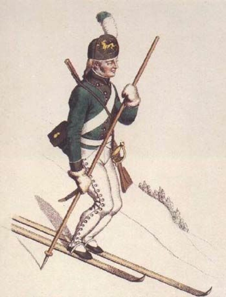 This is what a ski-soldier might have looked like in 1811, as drawn by Johannes Senn. Three years later, the “Eidsvoll men” – the Constituent Assembly – defeated a proposal to introduce skiing and shooting as part of Norwegian men's national upbringing.