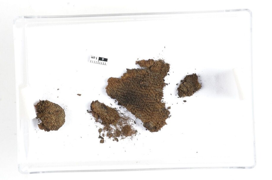 The wool fabric is of the type called diamond twill, and has a pattern reminiscent of that found in jeans. The fibres in this fragment are so well preserved that archaeologists hope to make isotope analyses of it.