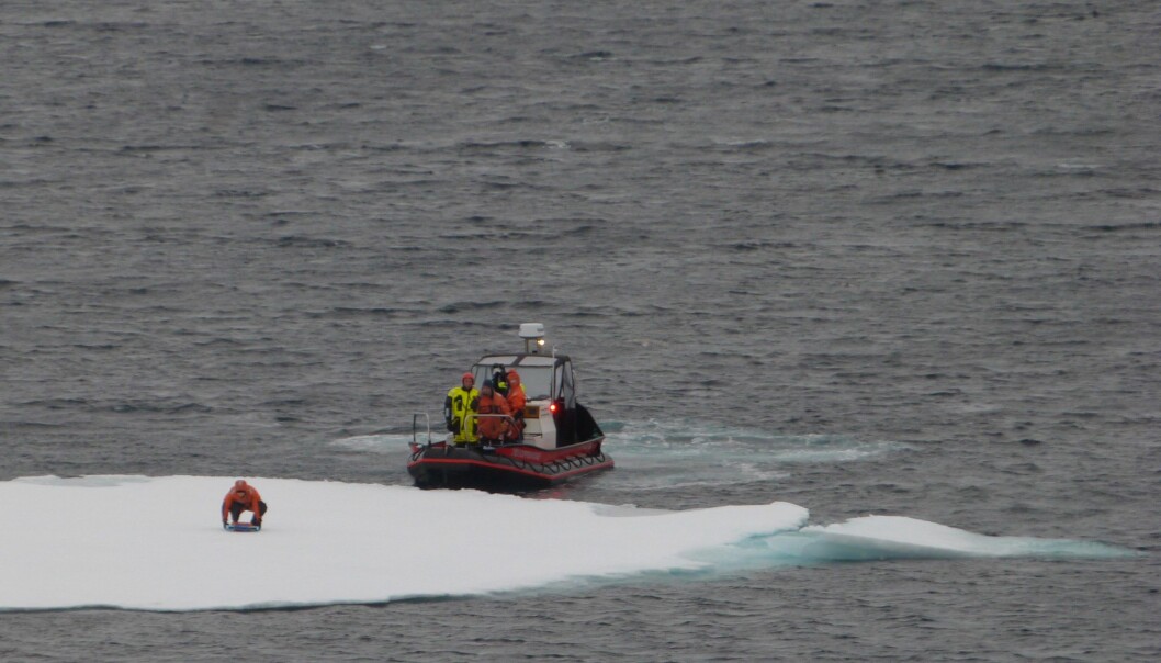 The suitcase is on the ice. The suitcase is on the ice.