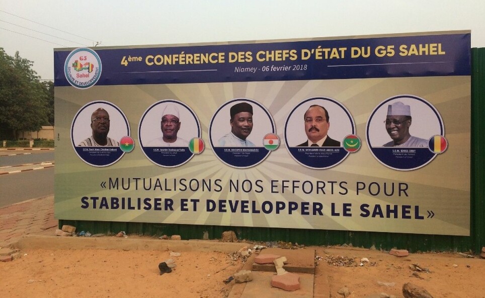 A billboard in Niamey, Niger, announcing a summit of Heads of State, including Chadian President Idriss Déby (first from right), of the G5-Sahel regional security forum, February 2018.