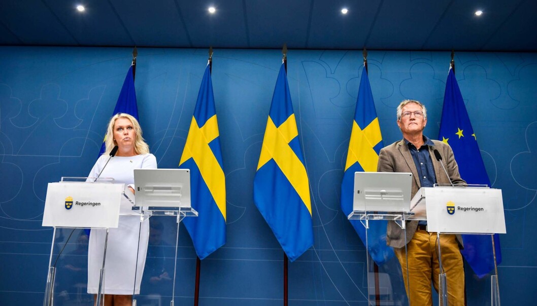 Sweden's Minister for Health and Social Affairs Lena Hallengren (L) and State epidemiologist Anders Tegnell of the Public Health Agency of Sweden speak during a news conference on the coronavirus. Tegnell has become the face of the Swedish strategy, and has at times been so popular among Swedes that they made posters of his face resembling Obama's HOPE-posters. Sweden's Minister for Health and Social Affairs Lena Hallengren (L) and State epidemiologist Anders Tegnell of the Public Health Agency of Sweden speak during a news conference on the coronavirus. Tegnell has become the face of the Swedish strategy, and has at times been so popular among Swedes that they made posters of his face resembling Obama's HOPE-posters.