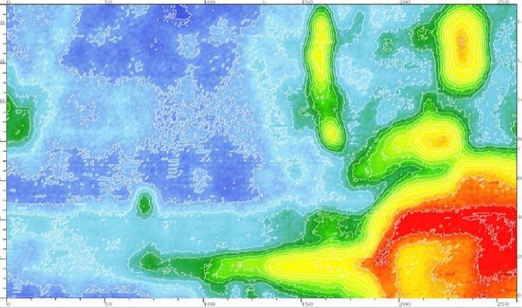 Light and dark blue areas indicate intact steel while green to red show a steel attacked by the corrosion Light and dark blue areas indicate intact steel while green to red show a steel attacked by the corrosion