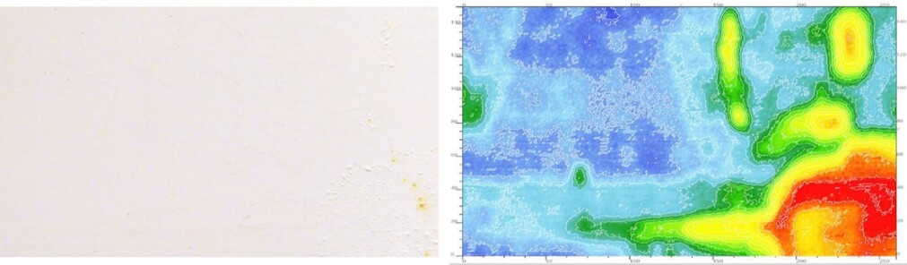 Left: A 250 x 150 mm2 steel panel covered with a white coating after two weeks in a tank with salt water. Water went through the coating and started to damage the steel. The corrosion damages are visible, as small blisters, in the lower right corner. Right: A true corrosion of the panel acquired with the FKP shows that the damage occurred on the panels in areas where no blisters are visible. Light and dark blue areas indicate intact steel while green to red show a steel attacked by the corrosion. Left: A 250 x 150 mm2 steel panel covered with a white coating after two weeks in a tank with salt water. Water went through the coating and started to damage the steel. The corrosion damages are visible, as small blisters, in the lower right corner. Right: A true corrosion of the panel acquired with the FKP shows that the damage occurred on the panels in areas where no blisters are visible. Light and dark blue areas indicate intact steel while green to red show a steel attacked by the corrosion.