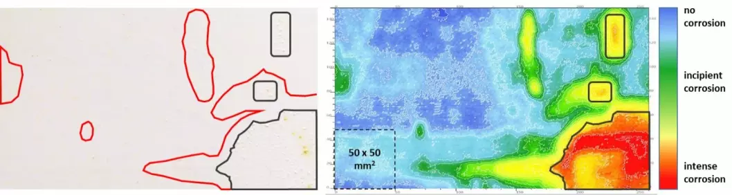 Fig. 3 A 250x150 mm2 steel plate undergoing corrosion under a protective coating. In this image, warm colours (yellow, red) indicate a more intense corrosion. Blue and light blue indicate pristine (non-corroding) steel. The contours show areas with visible corrosion signs (black) i.e. blisters and areas which appear intact although the FKP detects ongoing corrosion (red).