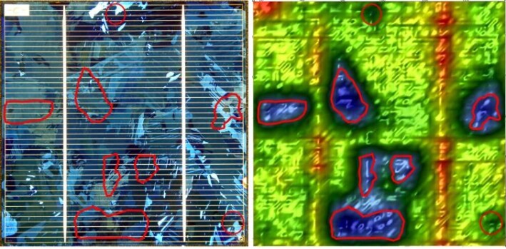 Fig. 4 Solar panels The visual and FKP image of this solar panel are not alike. The red contours show that an FKP reveals features which are relevant for quality assessment and maybe conversion efficiency of such cells. Fig. 4 Solar panels The visual and FKP image of this solar panel are not alike. The red contours show that an FKP reveals features which are relevant for quality assessment and maybe conversion efficiency of such cells.