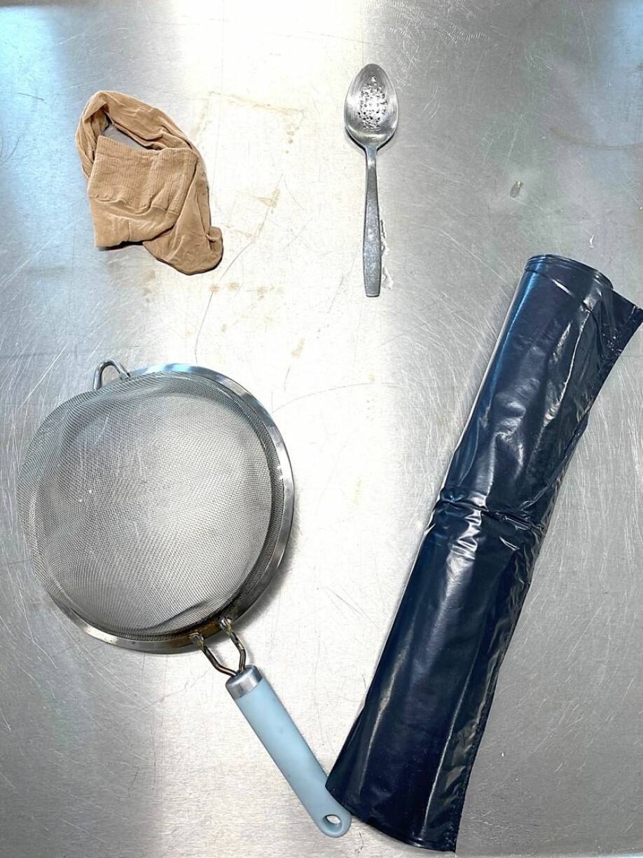 Common household items used in marine research, in clockwise from the top left corner: nylon stocking, spoon with holes, garbage bag and colander