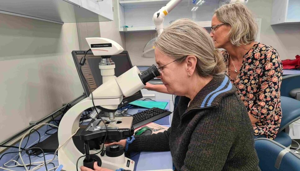 Figure 4: Microalgal composition is investigated onboard Kronprins Haakon by Wenche Eikrem (front) and Anna Vader (background)