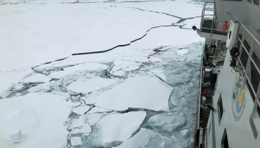 RV Kronprins Haakon is breaking ice with sediments in the Transpolar drift current