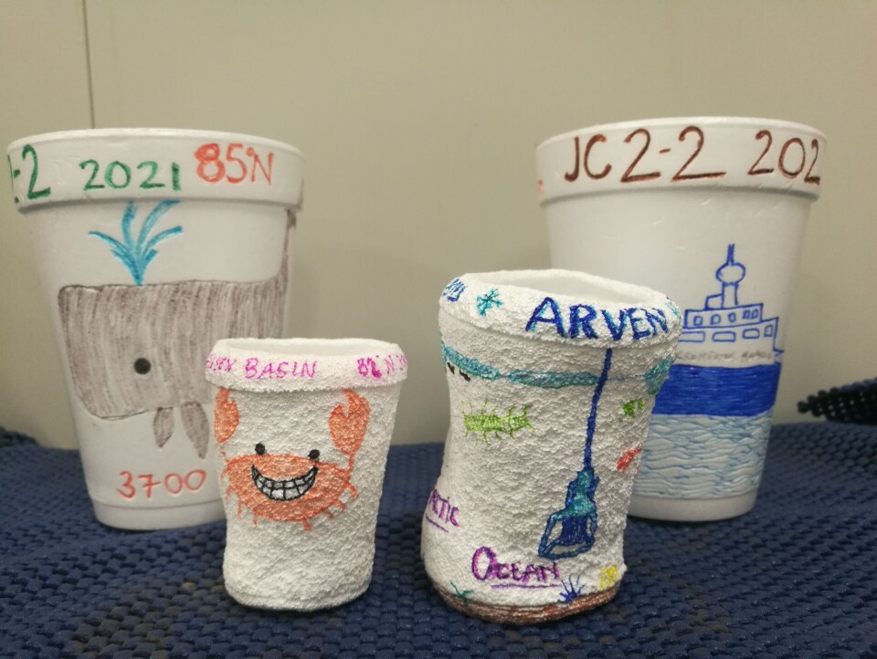 Regular sized foam cups (back) and cups shrunken from being sent to the bottom of the ocean (front).