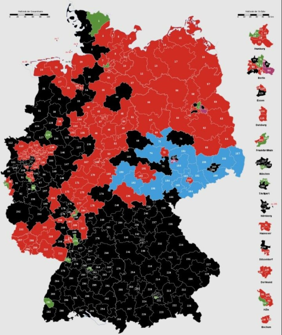 Figure 1: Winners of electoral districts by party color ('first vote' results). AfD = blue
