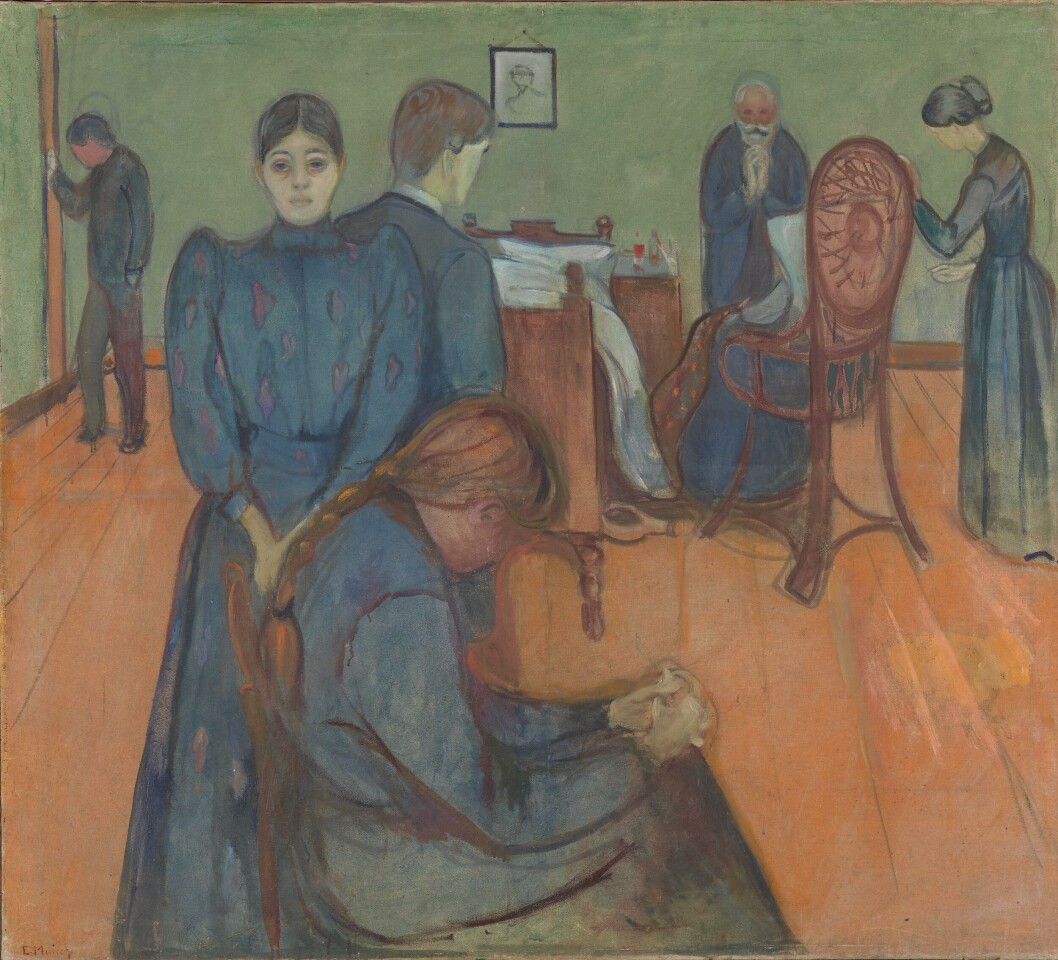 The Norwegian painter Edward Munch painted Death in the Sickroom in 1893. The picture shows what we can assume to be the artist’s family grouped around his sister Sophie, who died in 1877. She is sitting in a chair with her back to us. The Norwegian painter Edward Munch painted Death in the Sickroom in 1893. The picture shows what we can assume to be the artist’s family grouped around his sister Sophie, who died in 1877. She is sitting in a chair with her back to us.