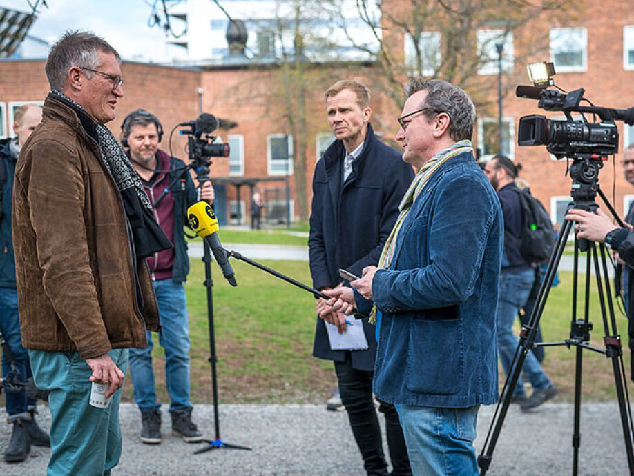 The Swedish state appointed epidemiologist Anders Tegnell meets the press outside Karolinska institutet in Stockholm.