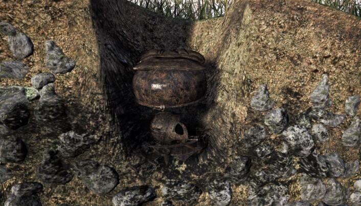 The iron kettle that covered most of the items in the Gjermundbu find seems to have been put down under the layer with remains from the funeral pyre. This would have been an unusual burial custom in this part of Norway during the Viking age. The iron kettle that covered most of the items in the Gjermundbu find seems to have been put down under the layer with remains from the funeral pyre. This would have been an unusual burial custom in this part of Norway during the Viking age.