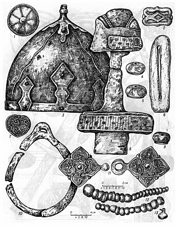 Helmet, sword and other items from the grand mound Gul’bishe in Chernihiv. Helmet, sword and other items from the grand mound Gul’bishe in Chernihiv.
