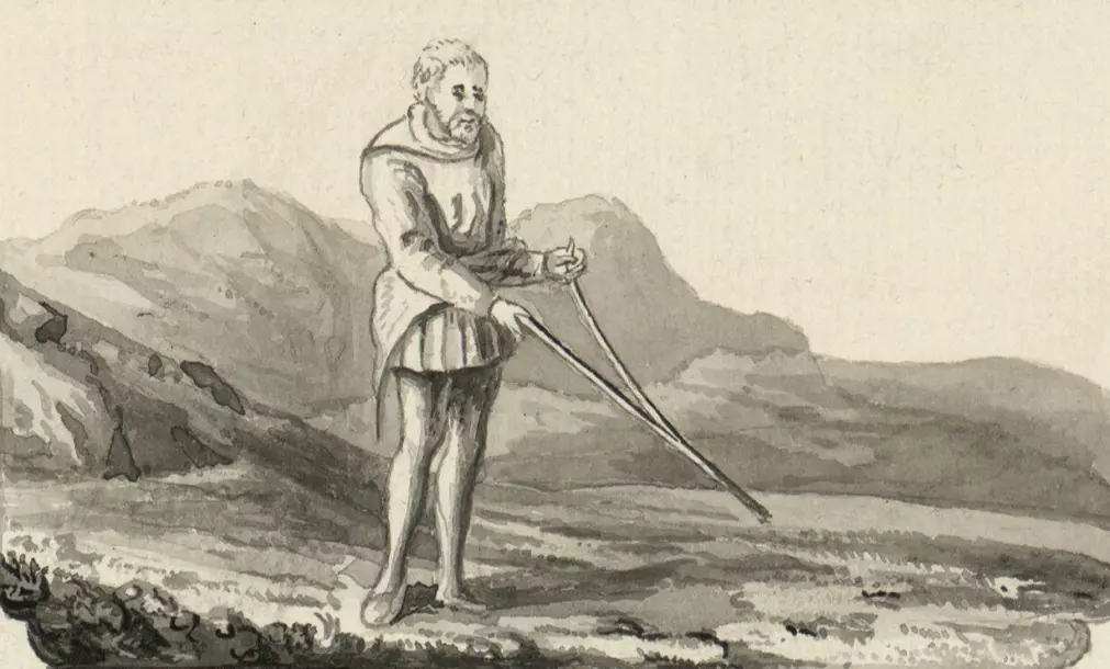 Dowsing is an old tradition. Here is an illustration from the 18th century.