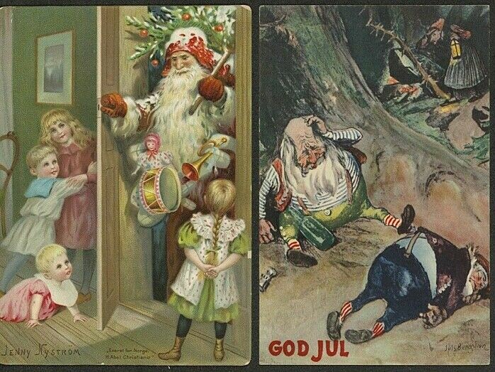 To the right, the German inspired Santa Claus on a Christmas card from 1890, and to the right, two drunk Nordic Christmas gnomes on a card from 1950.
