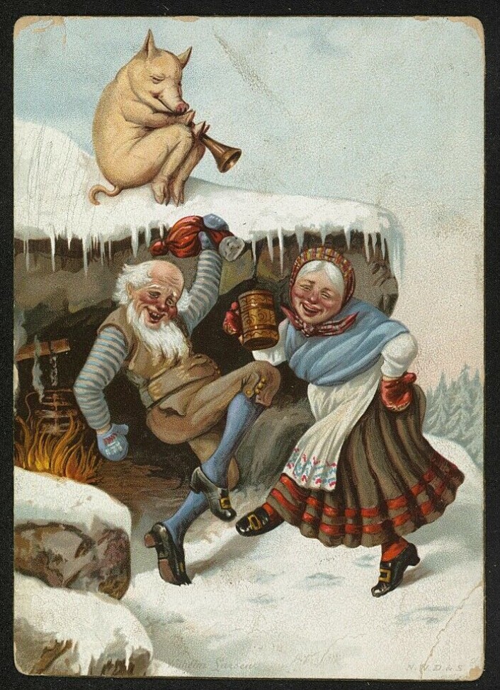Christmas card from 1890: Christmas gnome husband and wife with pig on the roof. Christmas card from 1890: Christmas gnome husband and wife with pig on the roof.