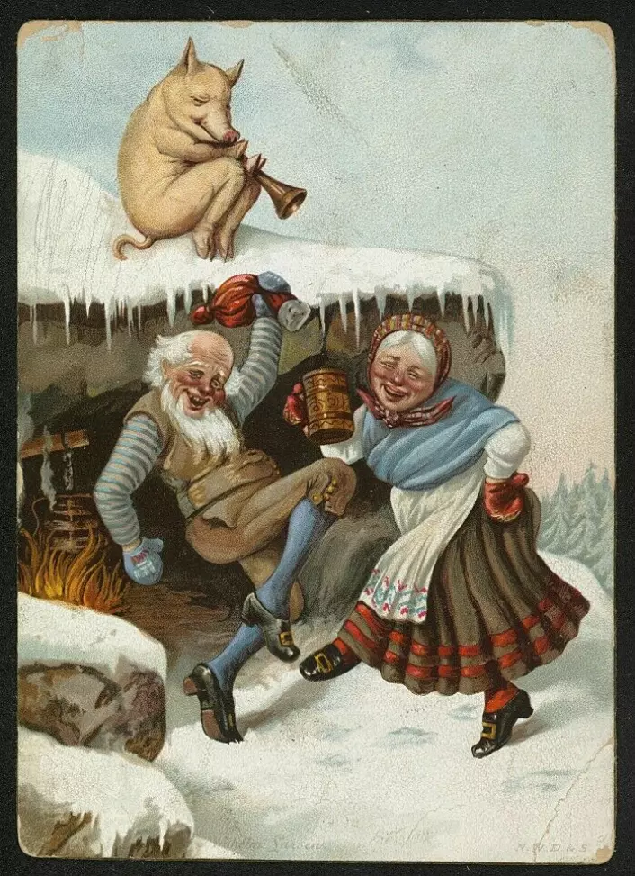 Christmas card from 1890: Christmas gnome husband and wife with pig on the roof.
