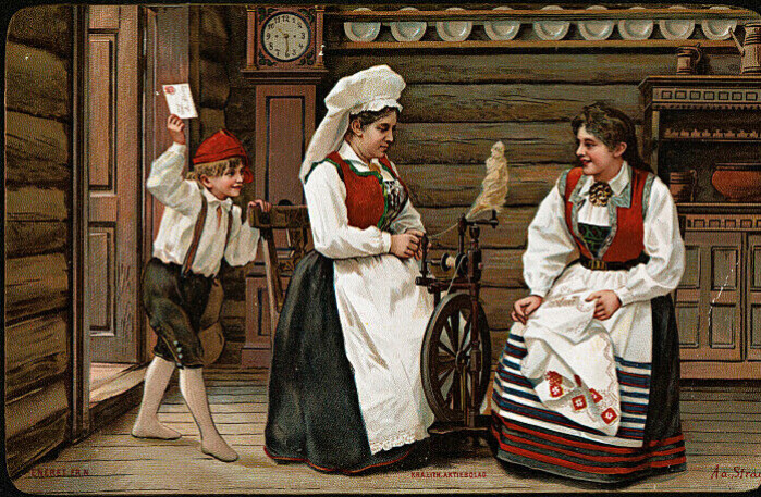 National romance in a Christmas card from ca. 1894. The women are wearing the Norwegian folk costume Bunad. National romance in a Christmas card from ca. 1894. The women are wearing the Norwegian folk costume Bunad.