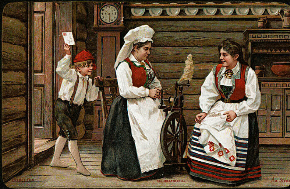 National romance in a Christmas card from ca. 1894. The women are wearing the Norwegian folk costume Bunad.