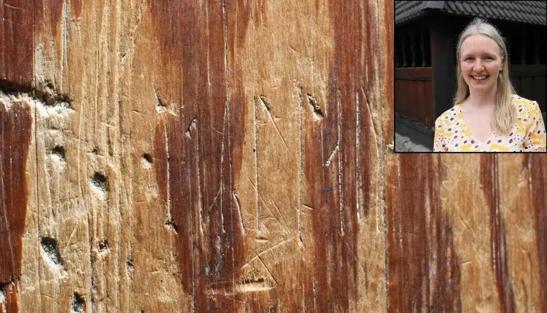 Here in Hopperstad Stave Church, a person named Styrlaug probably carved his name. Karen Langsholt Holmqvist (inset) has studied runes both in Norway and in Scotland.
