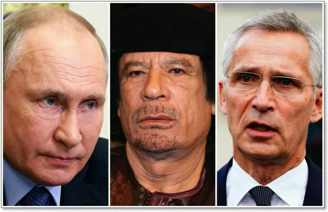 The brutal assassination of Muammar al-Gaddafi (centre) may have led Vladimir Putin to become even more focused on protecting other dictators from suffering the same fate. Jens Stoltenberg, head of NATO, is among those who are fighting for the new Western morality of dignity.