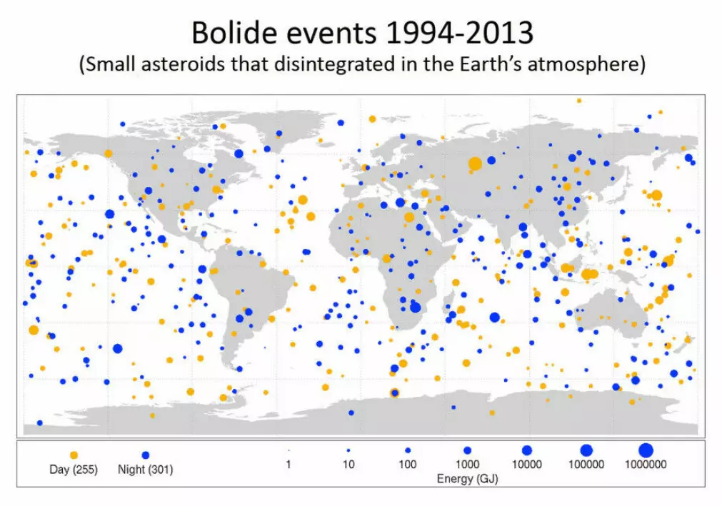 A map showing how many asteroids hit the Earth's atmosphere between 1994 and 2014.