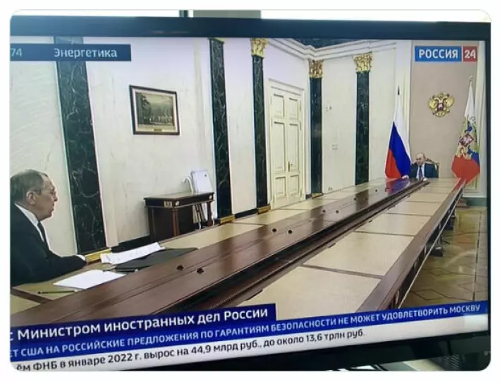 Russias president Vladimir Putin has for the past weeks held meetings at incredibly long tables. Here during a meeting with his own Minister of Foreign Affairs, Sergey Lavrov.
