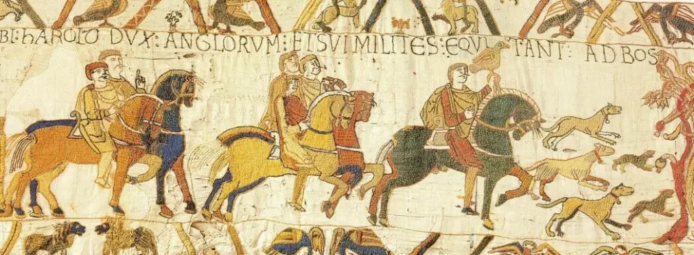 The Bayeux tapestry is dated to about 1070. It depicts the Norman conquest of England in 1066. The highest ranked nobleman has a bird of prey in his hand.