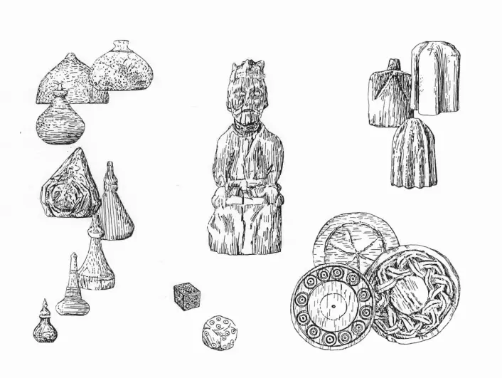 Drawing of a collection of medieval gaming-pieces found in Trondheim in central Norway.