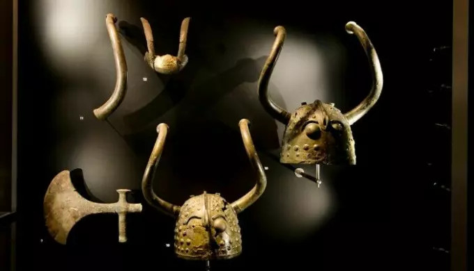 The two Danish Viksø helmets from the Bronze Age are equipped with horns, eyes, and nose. They have most likely been used during religious ceremonies. Afterwards they were put in the swamp as a sacrificial offering, along with other valuables.