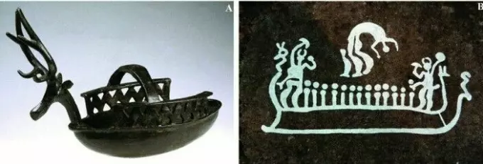 Did people in Sweden and Norway have contact with people on the island of Sardinia in the Mediterranean in the Bronze Age? The petroglyph on the right is from Tanum in Sweden and shows both people with horns on their heads and a boat with animal heads. A contemporary bronze boat from Sardinia is also adorned with an animal head.