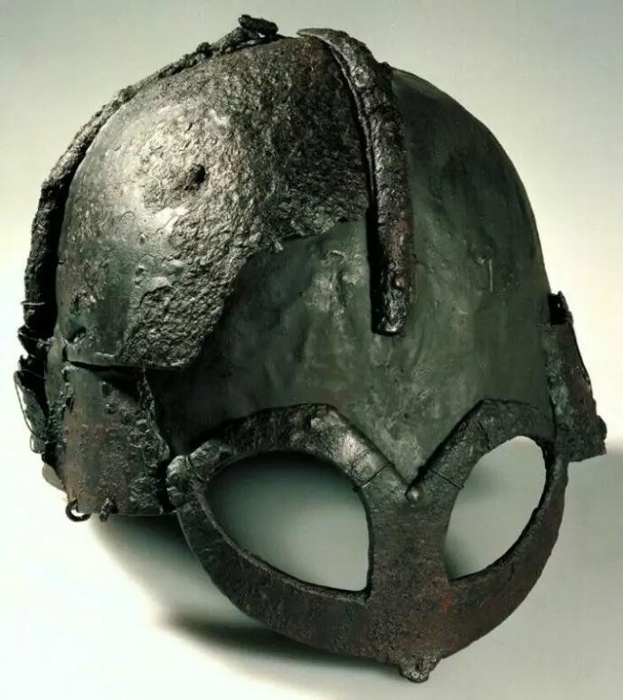 The helmet from Gjermundbu in Ringerike is part of the most abundant Viking grave that has been found in Norway to date. The Gjermundbu helmet does not have horns but is still frightening. The helmet may have been made sometime between the years 950 and 975. What looks to be a kind of spectacle protects the face. You can see the helmet at the Historical Museum in Oslo.