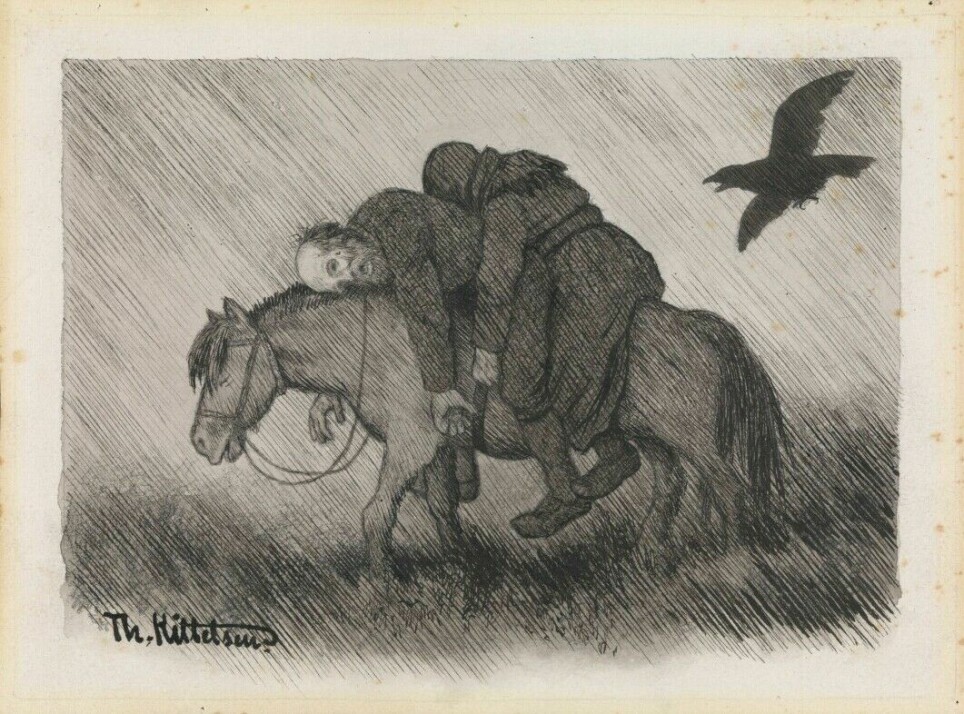 Theodor Kittelsen (1857-1914) has created several of the images that Norwegians associate with the Black Death. Above is the drawing 'She travels around the country'.