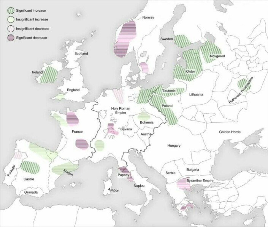 This map shows how researchers believe that the Black Death affected different parts of Europe. The areas they examined have been divided into four categories. The area in southern Norway where the researchers collected pollen is included in the hardest hit category. The dark red areas show where the researchers believe that the population declined the most. The green areas were least affected, according to the study.