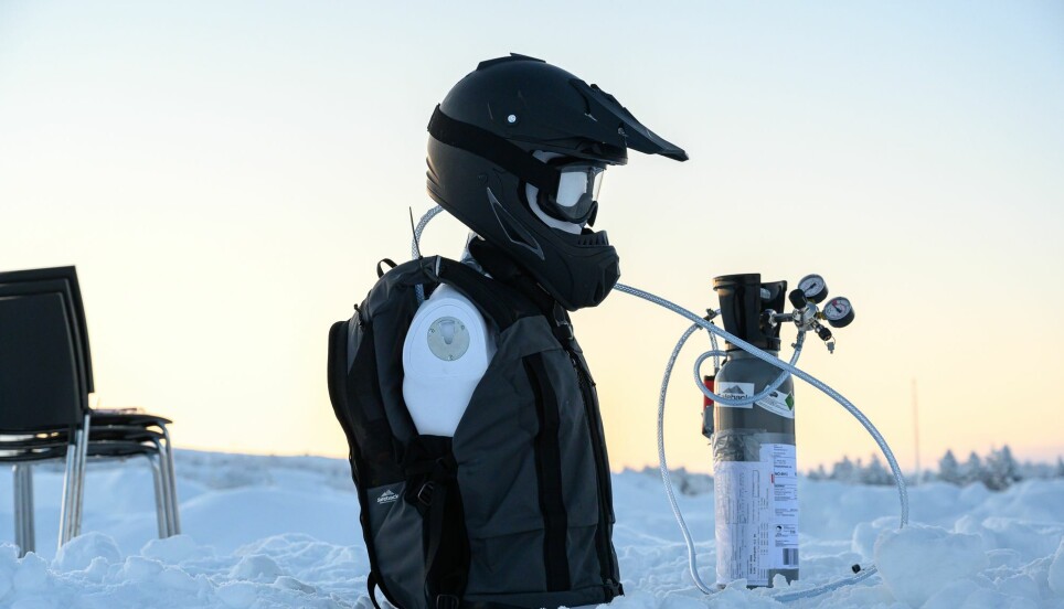 A mannequin models the Safeback, which is designed to help people survive an avalanche.