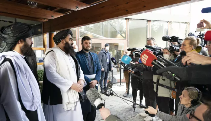 Taliban's Amir Khan Muttaqi answers questions from journalists during a break from the Oslo-meeting between Taliban and international special representatives in January this year.