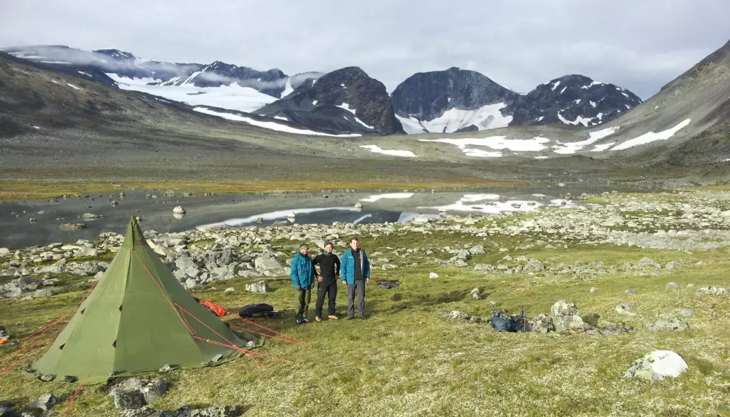 <span class="font-weight-bold" data-lab-font_weight_desktop="font-weight-bold"></span>The Trollsteinhøe camp site in 2012. As camping up at the top isn’t possible, each day at Trollsteinhøe starts with a 400-500 m climb to get to the site. From the left: Julian Robert Post-Melbye, Elling Utvik Wammer and James Barrett