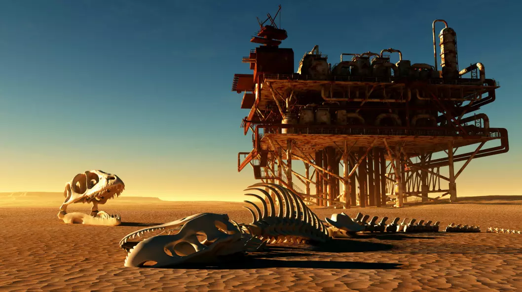 A picture showing dinosaur skeletons and an oil platform. But these two objects have nothing to do with each other.