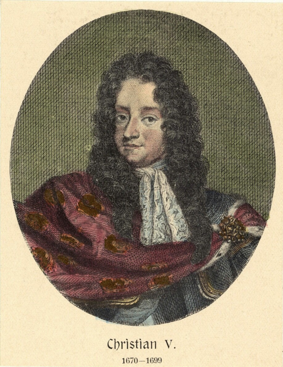 Portrait of King Christian V from the collection of the National Library of Norway.