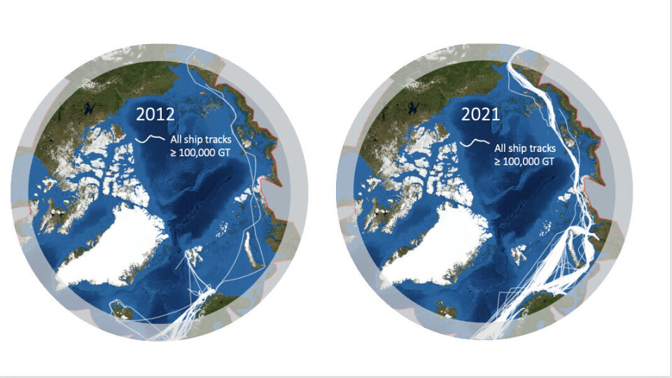 Shipping traffic has increased substantially over the last decade. The white lines on the maps show the actual tracks of ships greater than 100,000 gross tonnage. The maps were made based on data from the Arctic Council Working Group on the Protection of the Arctic Marine Environment’s Arctic Ship Traffic Data (ASTD) System.